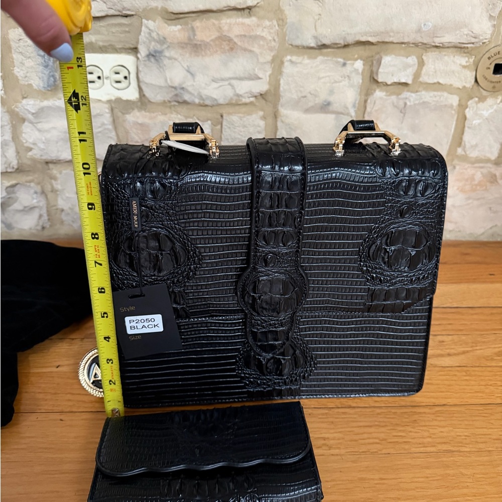 Black Croc-Embossed Structured Top-Handle Bag with Wallet - Picture 12 of 13